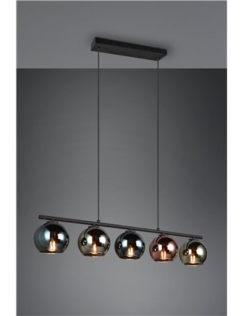 Sheldon sospensione metallo nero con 5 vetri multicolor effetto fume' specchio l. 83cm