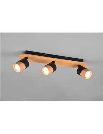 Aruni barra 3 spots orientabili metallo nero e legno naturale l. 48cm