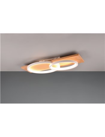 Barca plafoniera led doppia ellisse metallo bianco e legno naturale con dimmerazione ad interruttore l. 75cm