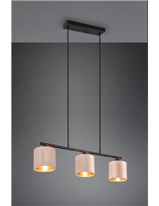 Julieta sospensione metallo nero con 3 paralumi velluto tortora e oro l. 66cm 2
