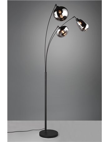 Lumina piantana metallo nero ad arco con 3 diffusori forme differenti in vetro cromo fume' h. 200cm