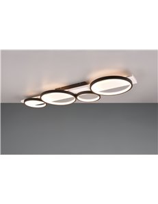 Medera plafoniera 4 cerchi metallo nero base legno bianco con dimmerazione ad interruttore l. 100cm