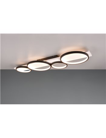 Medera plafoniera 4 cerchi metallo nero base legno bianco con dimmerazione ad interruttore l. 100cm