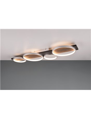 Medera plafoniera 4 cerchi metallo alluminio base legno nero con dimmerazione ad interruttore l. 100cm