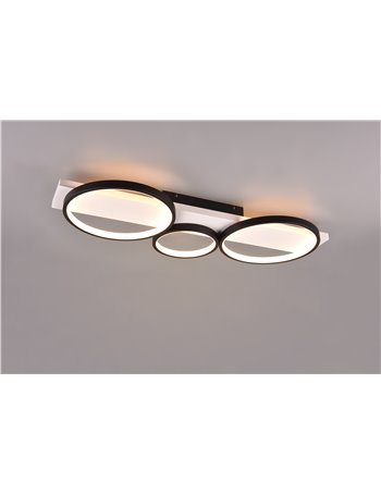 Medera plafoniera 3 cerchi metallo nero base legno bianco con dimmerazione ad interruttore l. 80cm