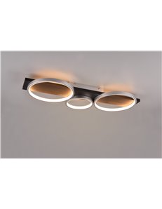 Medera plafoniera 3 cerchi metallo alluminio base legno nero con dimmerazione ad interruttore l. 80cm