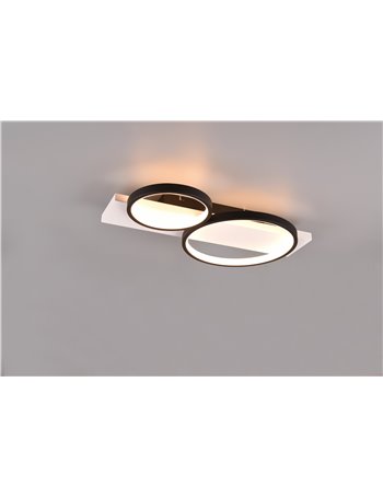 Medera plafoniera 2 cerchi metallo nero base legno bianco con dimmerazione ad interruttore l. 54cm