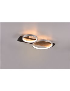 Medera plafoniera 2 cerchi metallo alluminio base legno nero con dimmerazione ad interruttore l. 54cm