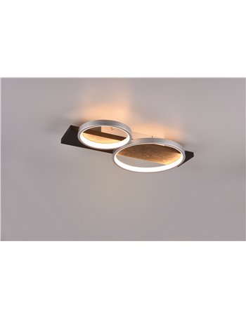Medera plafoniera 2 cerchi metallo alluminio base legno nero con dimmerazione ad interruttore l. 54cm