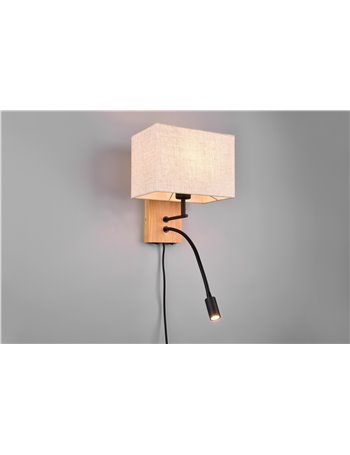 Nilam applique base legno naturale e metallo nero con lampada lettura e paralume rettangolare bianco l.25cm