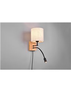 Nilam applique base legno naturale e metallo nero con lampada lettura e paralume rotondo bianco l.18cm