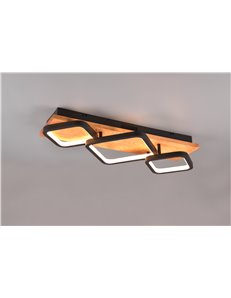Rama plafoniera led 3 quadrati neri con base legno naturale dimmerabile con interruttore l. 68cm