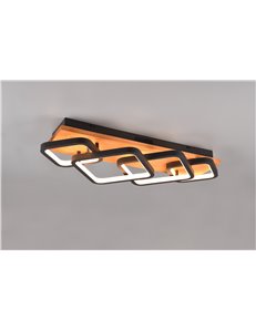 Rama plafoniera led 4 quadrati neri con base legno naturale dimmerabile con interruttore l. 72cm