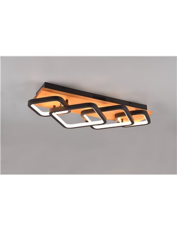 Rama plafoniera led 4 quadrati neri con base legno naturale dimmerabile con interruttore l. 72cm