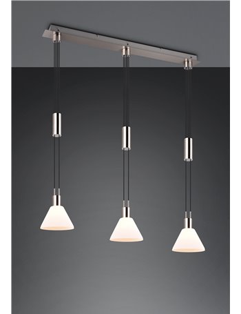 Stanley sospensone metallo acciaio con 3 diffusori vetro bianco con sistema saliscendi l. 95cm