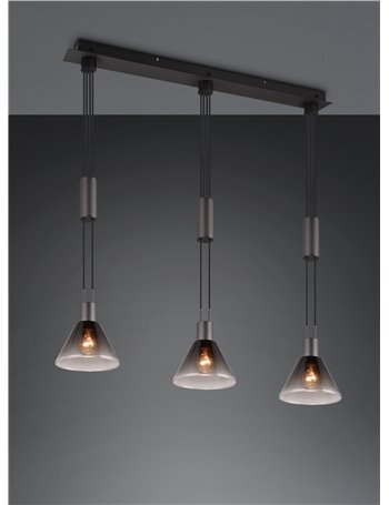 Stanley sospensone metallo nero con 3 diffusori vetro fume' con sistema saliscendi l. 95cm