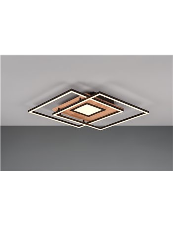 Via plafoniera a led 2 quadrati metallo nero con base illuminata mdf effetto legno con telecomando multifunzione 50cm x 50cm