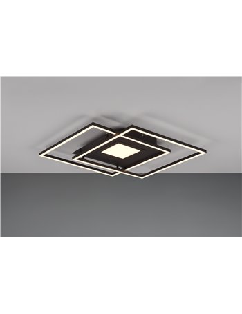 Via plafoniera a led 2 quadrati metallo nera con base illuminata con telecomando multifunzione 50cm x 50cm