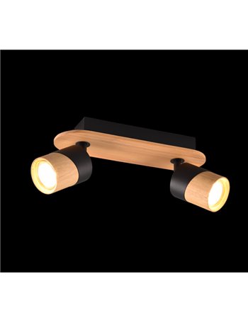 Aruni barra 2 spots orientabili metallo nero e legno naturale l. 28cm
