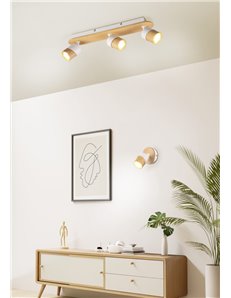 Aruni barra 3 spots orientabili metallo bianco e legno naturale l. 48cm