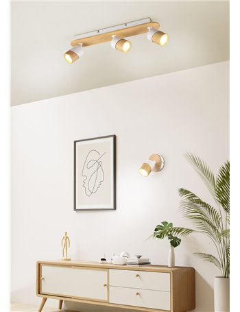 Aruni barra 3 spots orientabili metallo bianco e legno naturale l. 48cm