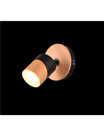 Aruni spot singolo orientabile metallo nero e legno naturale h. 14cm