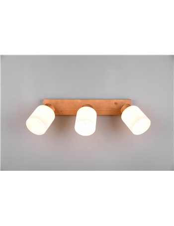 Assam barra 3 spots base legno con vetri bianchi l. 45cm