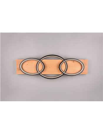 Barca plafoniera led tripla ellisse metallo bianco e legno naturale con dimmerazione ad interruttore l. 97cm