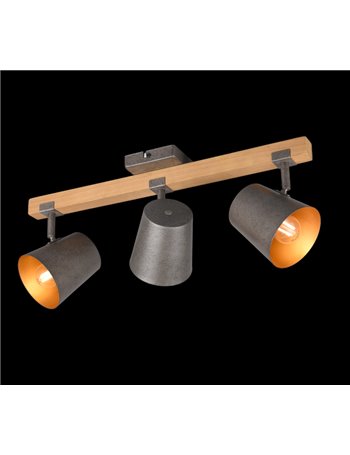 Bell barra 3 spots orientabili legno naturale diffusori metallo acciaio anticato interno oro l. 58cm