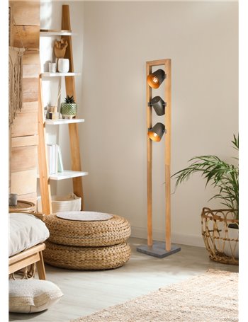 Bell piantana legno naturale 3 spots orientabili diffusori metallo acciaio anticato interno oro h. 150cm