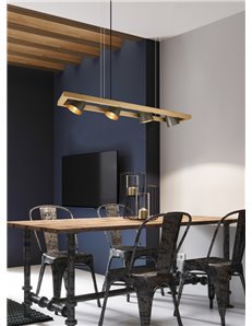 Bell sospensione legno naturale 4 spots orientabili diffusori metallo acciaio anticato interno oro l. 100cm