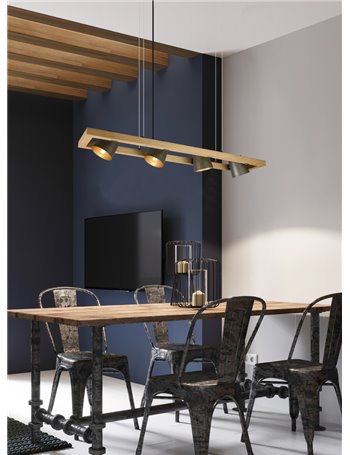 Bell sospensione legno naturale 4 spots orientabili diffusori metallo acciaio anticato interno oro l. 100cm
