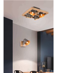 Bell spot orientabile base legno naturale diffusore metallo acciaio anticato interno oro h. 18cm