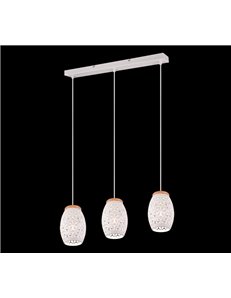 Bidar sospensione 3 diffusori metallo bianco taglio laser con inserto in legno l. 71cm
