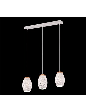 Bidar sospensione 3 diffusori metallo bianco taglio laser con inserto in legno l. 71cm
