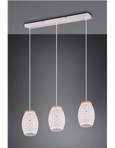 Bidar sospensione 3 diffusori metallo bianco taglio laser con inserto in legno l. 71cm 2