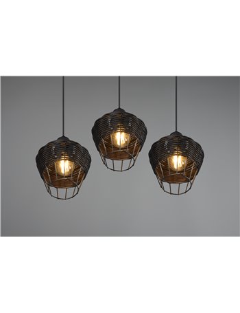 Borka sospensione 3 diffusori in rattan colore nero opaco d. 41cm