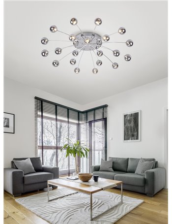 Bullet plafoniera led metallo cromato con 21 diffusori vetro fume' cromato dimmerabile con interruttore a parete d. 97cm