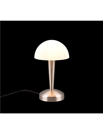 Canaria lampada da tavolo metallo acciaio e vetro satinato touch con lampadine dimmerabile inclusa h. 27cm