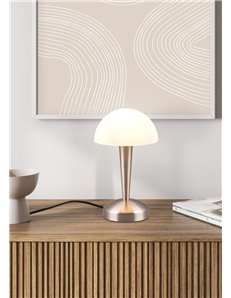 Canaria lampada da tavolo metallo acciaio e vetro satinato touch con lampadine dimmerabile inclusa h. 27cm 2