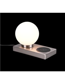 Chloe lampada da tavolo acciaio con sfera vetro bianco con base x ricarica induttiva cellulare con interruttore touch h. 15cm 2