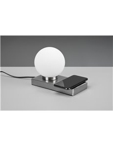 Chloe lampada da tavolo acciaio con sfera vetro bianco con base x ricarica induttiva cellulare con interruttore touch h. 15cm