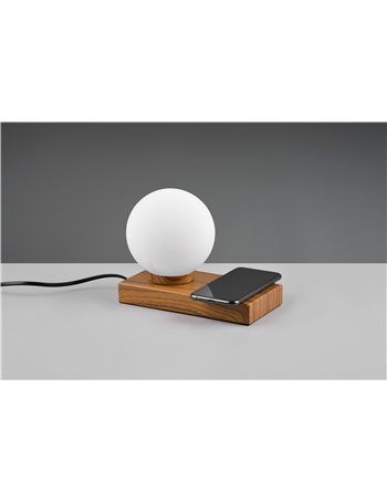 Chloe lampada da tavolo metallo effetto legno e vetro bianco accensione touch e base x ricarica cellulare con tecnologia indutti