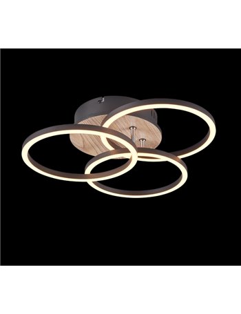 Circle plafoniera led 3 cerchi orientabili metallo nero con base effetto legno l.43,5cm