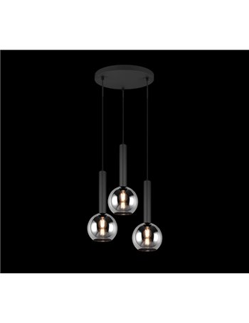 Clayton sospensione metallo nero con 3 vetri fume' cromato d. 45cm