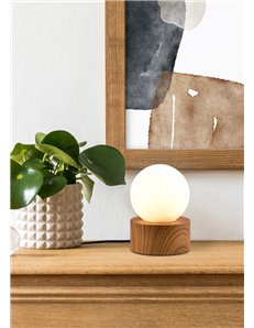 Countess lampada da tavolo base metallo effetto legno e vetro sfera bianco accensione touch h. 17cm