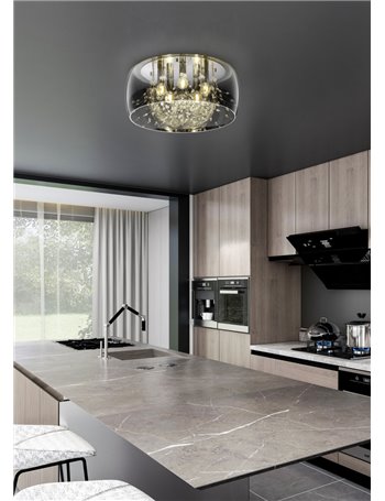 Crystel plafoniera metallo cromato vetro fume' cromato con decori effetto cristallo d. 50cm