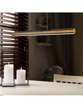 Deacon sospensione led bi-emissione metallo nero e inserto legno naturale dimmerabile con funzione touch l. 110cm