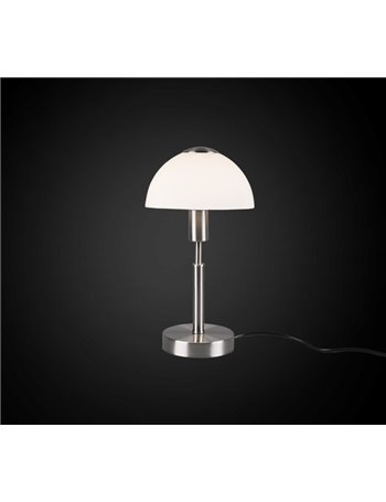 Don ii lampada da tavolo cupola vetro bianco e metallo acciaio satinato con interruttore h. 33cm