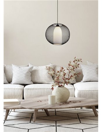 Filo sospensione gabbia filo metallo nero con vetro bianco d.40cm